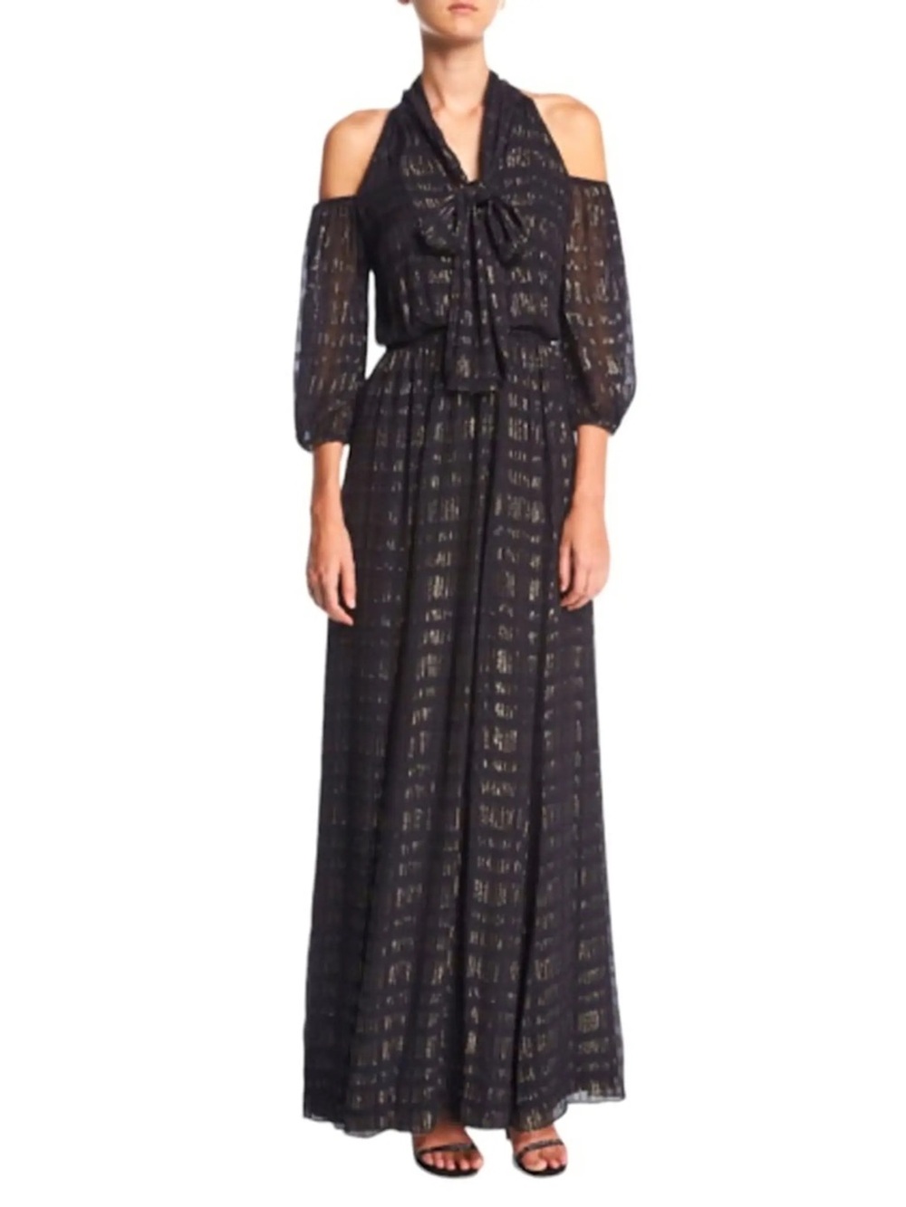 Shoshanna Midnight Silk Metallic Maxi Dress Black Gold Cold Shoulder Gown Size 4